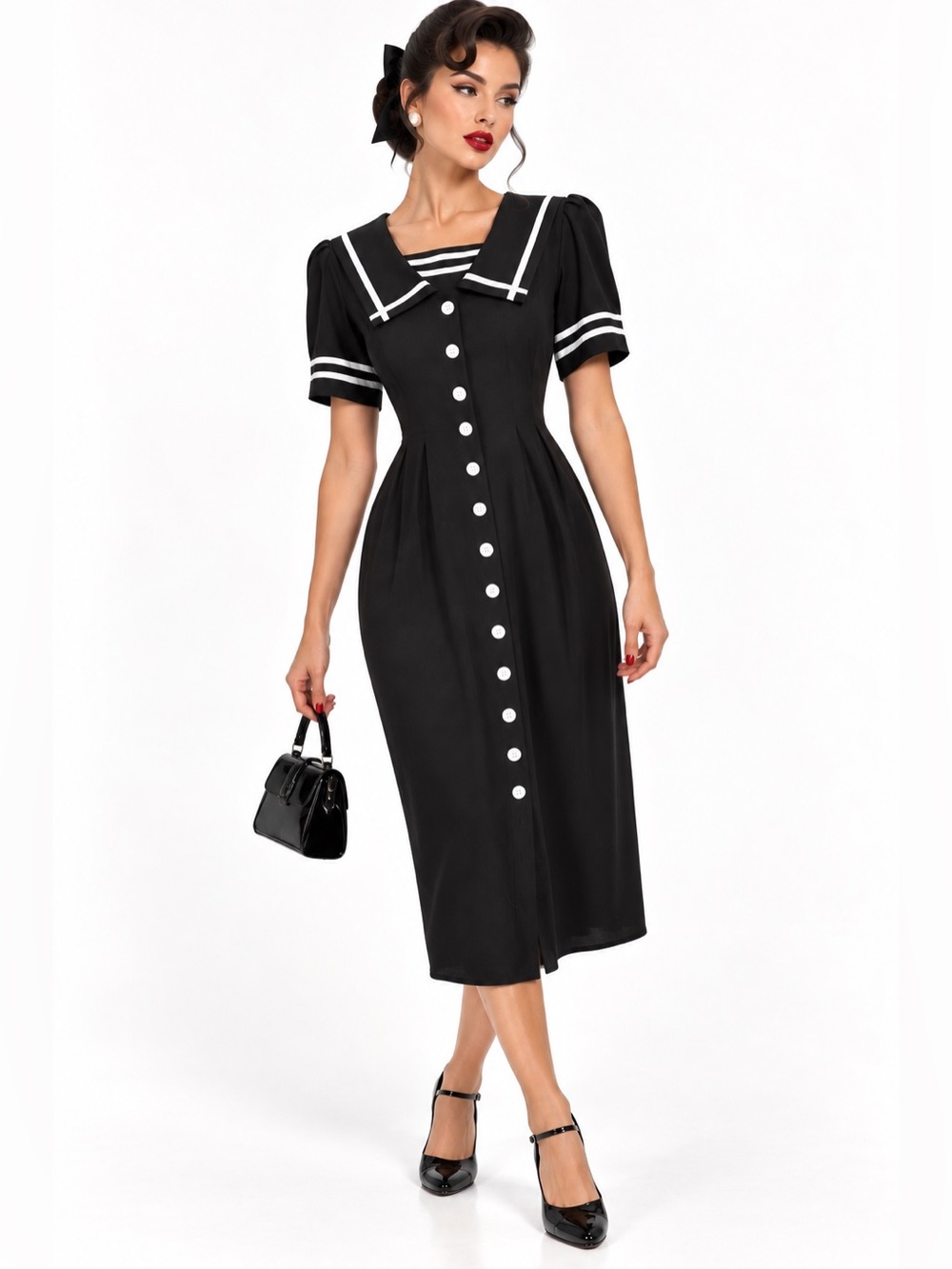 VINTAGE 90''s Pin Up Black Sailor-Collar Button-Front Midi Dress
